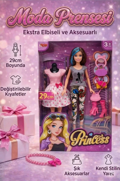 Moda Prensesi 29 cm Ekstra Elbiseli ve Aksesuarlı Oyuncak Bebek Seti - Değiştirilebilir Kıyafetli ürün görseli 1