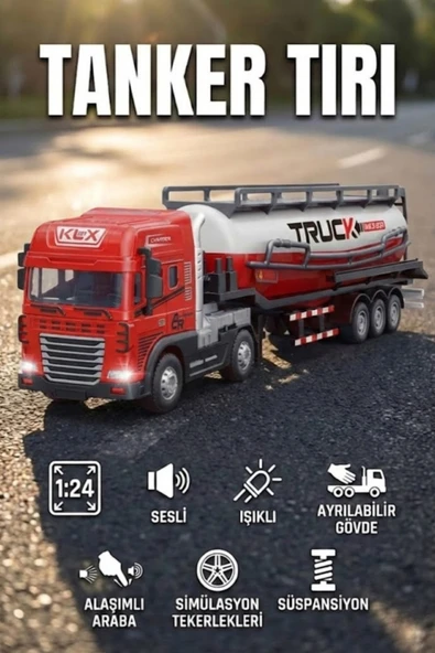 1:24 Ölçek Diecast Metal Kafa Işıklı ve Sesli Oyuncak Tanker Tırı - Ayrılabilir Dorseli Model Araba ürün görseli 1