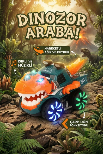 Hareketli Dinozor Oyuncak Araba - Işıklı, Müzikli, Çarp Dön Özellikli T-Rex Kamyon - 2 Yaş+ ürün görseli 1