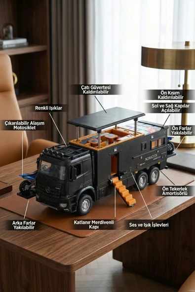 Metal Çek Bırak Karavan Kamyon - Sesli Işıklı, Açılabilir Tavanlı ve Motosikletli Kamp Aracı (23cm) ürün görseli 1