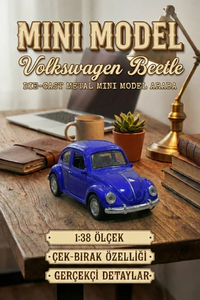 Volkswagen Beetle Vosvos Mini Model Araba 1:38 Die-Cast Metal Çek-Bırak Oyuncak 9.5 cm Lacivert ürün görseli 1