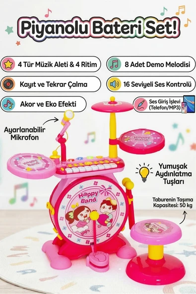 Işıklı Piyanolu Bateri Seti - Mikrofonlu, Tabureli ve MP3 Bağlantılı Çocuk Müzik Eğitim Seti ürün görseli 1