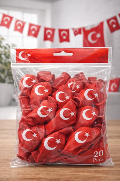 Ayyıldızlı Kırmızı Balon Seti Türk Bayraklı Parti Balonu Dayanıklı Latex Balon 20 Adet ürün görseli 1