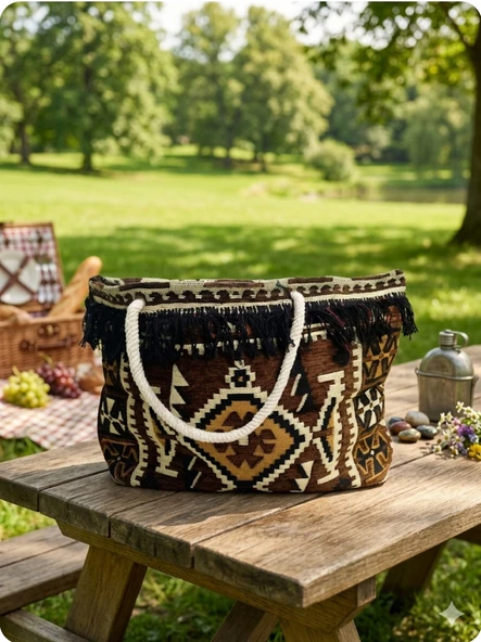 Püskül Detaylı Otantik Kilim Desenli Çok Amaçlı Taşıma Çantası ürün görseli 1