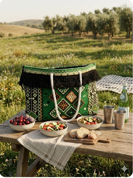 Piknik Keyfinin En Şık Hali: Vintage Kilim Desenli Çanta ürün görseli 1
