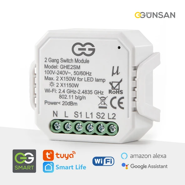 Günsan Akıllı WiFi Nötrlü Komütatör Röle 2 Kanal (İkili Anahtar Modülü) Tuya & Smart Life Uyumlu ürün görseli 1
