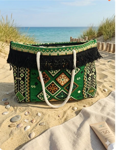 Geniş İç Hacim, Etnik Şıklık: 50x30 cm Yeşil Bohem Plaj Çantası ürün görseli 1