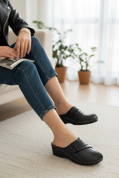Enoch Kadın Siyah Tam Kapalı Burunlu Sabo Model Çoklu Şerit ve Toka Detaylı Anatomik Comfort Terlik ürün görseli 1