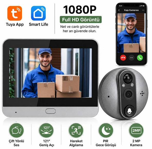 WiFi Akıllı Kapı Kamerası 4.3" Ekran 1080P HD Görüntülü Kapı Dürbünü PIR Sensörlü ürün görseli 1