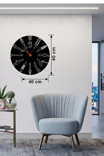 Otomobil Parçaları Tasarım Ahşap Duvar Saati - 40x40 cm Mekanik Saat ürün görseli 1