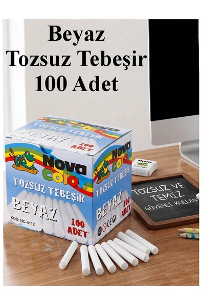 Beyaz Tebeşir Tozsuz 100 lü 1 Paket Nova Color Tozsuz Beyaz Tebeşir Tahta Tebeşiri Okul Sınıf ürün görseli 1
