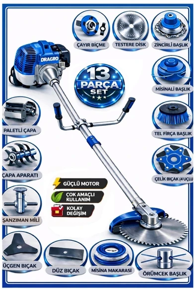 Dragro German DRG-13 + Yan Tipi Benzinli Ot Çalı Çim Biçme Tırpanı + Full Set Hediyeli + Çift Çapa M ürün görseli 1