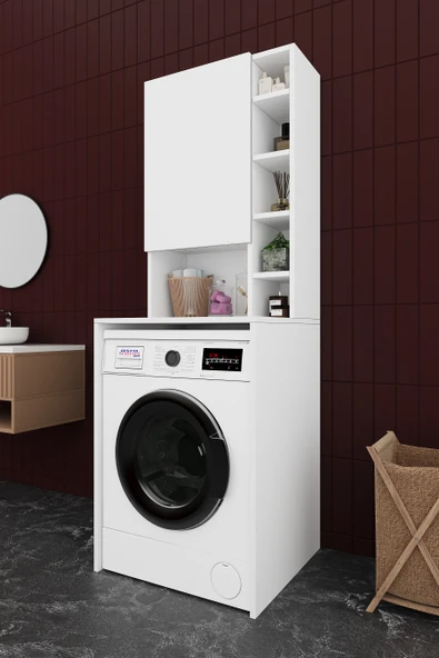 Lüks Dolaplı Çamaşır Makinesi Dolabı %100 MDF Raflı Kapaklı Çok Amaçlı Banyo Dolabı BD02  BEYAZ ürün görseli 1