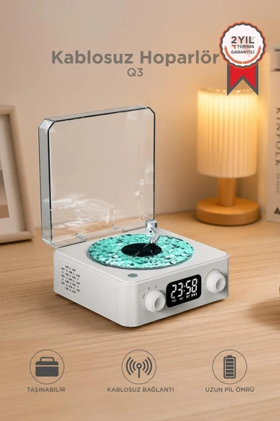 Bluetooth Hoparlör Dijital Saatli Pikap Tasarımlı Radyolu Şarjlı Speaker Q3 Beyaz ürün görseli 1
