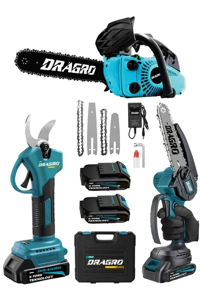 DRAGRO 3'lü Set 25cc Benzinli Odun Ağaç Kesme Motoru 21v Akülü Dal Budama Makası ve Testere ürün görseli 1