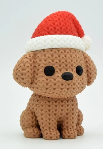 Örgü Dokulu Noel Şapkalı Köpek Figürü - 3D Yazıcı Tasarım Biblo ürün görseli 1