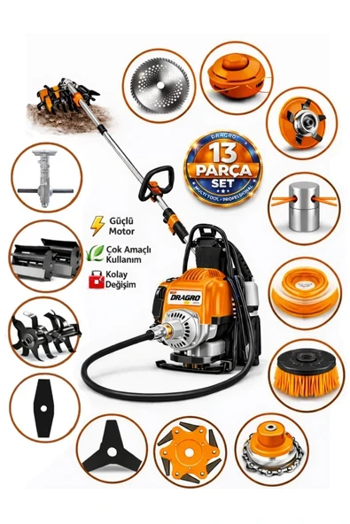 Dragro German DRG-13 + Sırt Tipi Benzinli Ot Çalı Çim Biçme Tırpanı + Full Set Hediyeli T ürün görseli 1