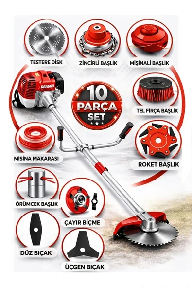 Dragro German DRG-10 + Yan Tipi Benzinli Ot Çalı Çim Biçme Tırpanı + Full Set Hediyeli K ürün görseli 1