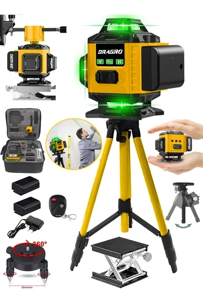 DRAGRO 128 Vf Tripodlu 12 Köşe Otomatik Hizalama Lazer Metre 360 Derece Yatay Dikey Çapraz Kumandalı ürün görseli 1