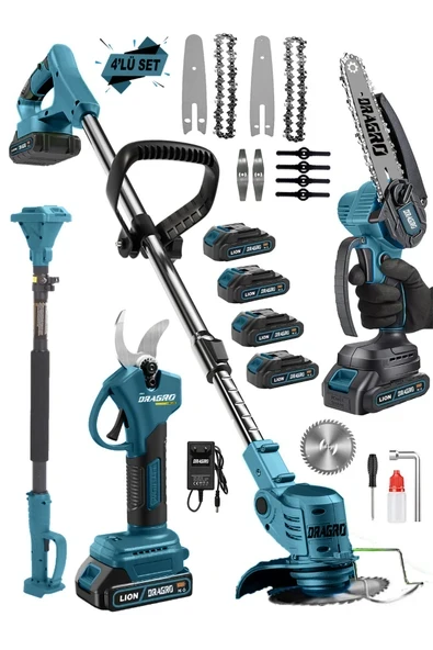Dragro 4 Lü Bahçe Seti 4 Akü Teleskop Uzatma + Otomatik Yağlı Testere + Dal Kesme Makası + Akülü Tırpan ürün görseli 1