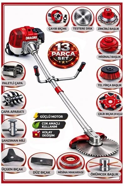 Dragro German DRG-13 + Yan Tipi Benzinli Ot Çalı Çim Biçme Tırpanı + Full Set Hediyeli + Çift Çapa K ürün görseli 1