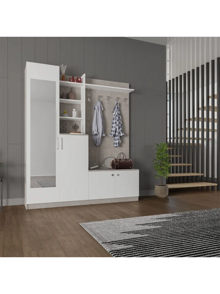 Lüks Aynalı Portmanto Askılı Vestiyer %100 MDF Çok Raflı Ayakkabılık V03  BEYAZ - RETRO TAŞ ürün görseli 1