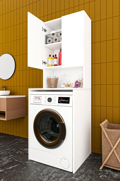 Lüks 2 Kapaklı Çamaşır Makinesi Dolabı %100 MDF 2 Kapaklı Çok Amaçlı Banyo Dolabı BD01  BEYAZ ürün görseli 1