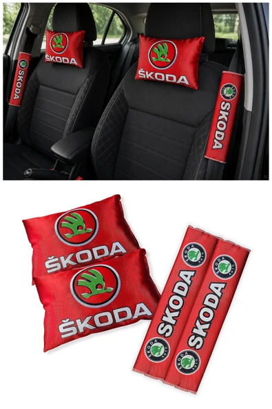 Skoda Uyumlu Dijital Baskılı Kırmızı Araç Seyahat Boyun Yastık Emniyet Kemer Ped - 2'li Set ürün görseli 1