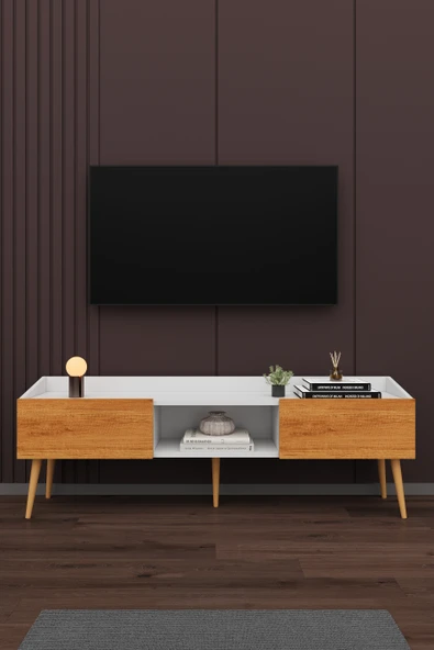 Modern TV Ünitesi %100 MDF Kapaklı Ahşap Ayaklı Televizyon Sehpası T28  BEYAZ - PETRA ürün görseli 1