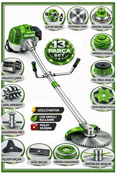 Dragro German DRG-13 + Yan Tipi Benzinli Ot Çalı Çim Biçme Tırpanı + Full Set Hediyeli + Çift Çapa Y ürün görseli 1
