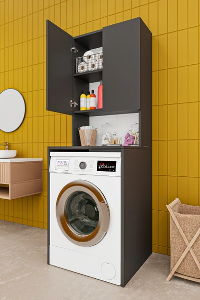 Lüks 2 Kapaklı Çamaşır Makinesi Dolabı %100 MDF 2 Kapaklı Çok Amaçlı Banyo Dolabı BD01  ANTRASİT ürün görseli 1