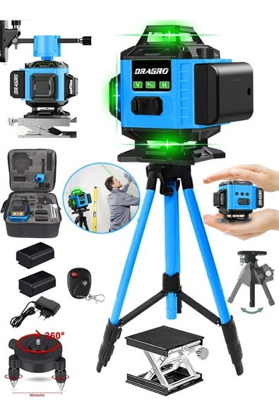 DRAGRO 128 Vf Tripodlu 12 Köşe Otomatik Hizalama Lazer Metre 360 Derece Yatay Dikey Çapraz Kumandalı ürün görseli 1