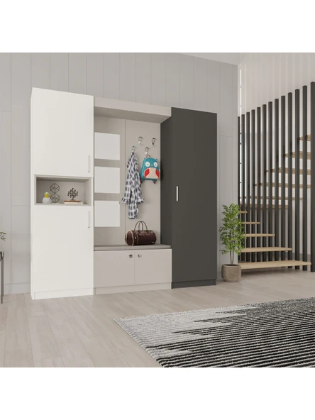 Lüks Aynalı Portmanto Askılı Vestiyer %100 MDF Çok Raflı Ayakkabılık V05  BEYAZ - ANTRASİT ürün görseli 1