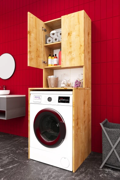 Lüks 2 Kapaklı Çamaşır Makinesi Dolabı %100 MDF 2 Kapaklı Çok Amaçlı Banyo Dolabı BD01  SAFİR MEŞE ürün görseli 1