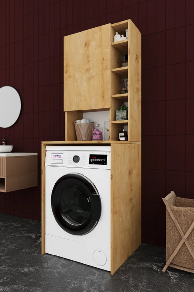 Lüks Dolaplı Çamaşır Makinesi Dolabı %100 MDF Raflı Kapaklı Çok Amaçlı Banyo Dolabı BD02  SAFİR MEŞE ürün görseli 1