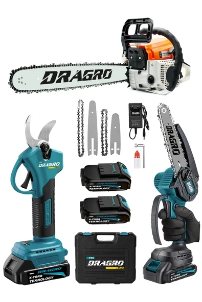 DRAGRO 3'lü Set 9.9 Hp Benzinli Odun Ağaç Kesme Motoru 21v Akülü Dal Budama Makası ve Testere ürün görseli 1