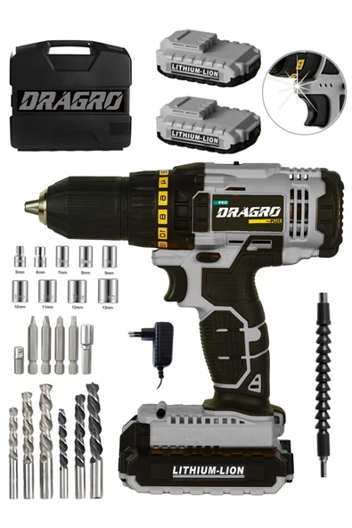 DRAGRO Alman 58 V 5 Ah Darbeli Bakır Sargılı Metal Şanzuman Şarjlı Çift Akülü Vidalama Matkap Greyy ürün görseli 1