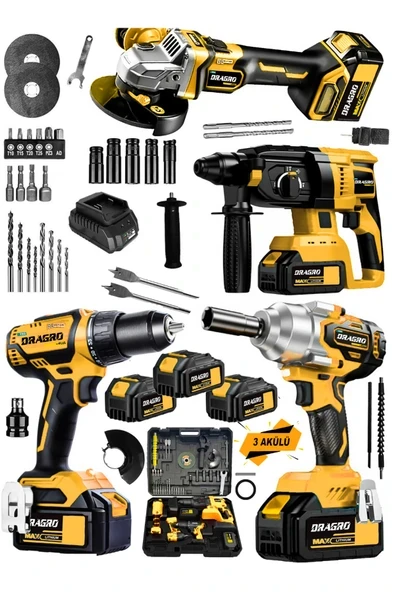 DRAGRO Alman 4x3 Pro 128 V 4'lü Set Kırıcı Delici Somun Sıkma Taşlama Makinesi Matkap 3 Akülü ürün görseli 1