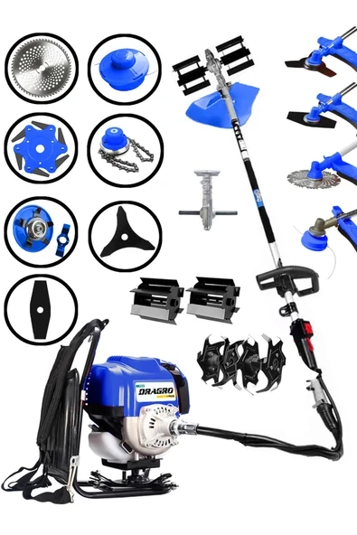 DRAGRO 4x4 Bahçe Seti 2 Zamanlı Sırt Tipi Benzinli Motorlu Tırpan Ot Çim Çayır Biçme Kesme Makinesi ürün görseli 1