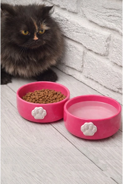 KorPet 2'li seramik Pembe Kedi köpek Mama Kabı 12 cm Pembe ürün görseli 1