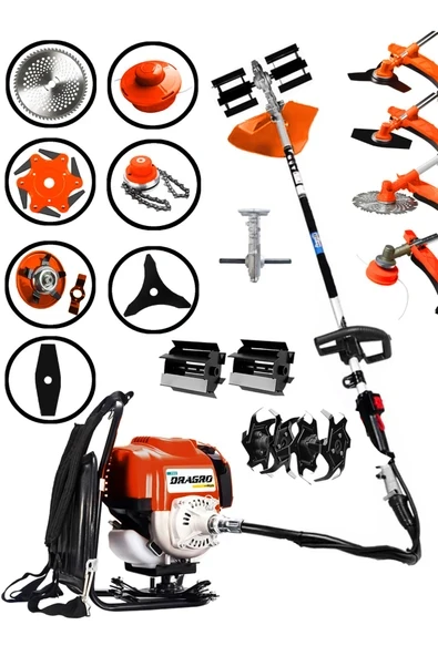 DRAGRO 4x4 Bahçe Seti 2 Zamanlı Sırt Tipi Benzinli Motorlu Tırpan Ot Çim Çayır Biçme Kesme Makinesi ürün görseli 1