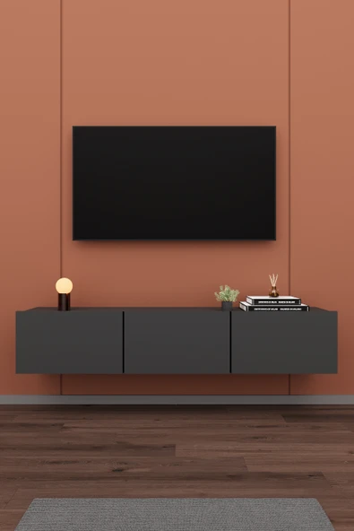 Modern Duvara Monte TV Ünitesi %100 MDF Kapaklı Televizyon Sehpası T-27  ANTRASİT ürün görseli 1