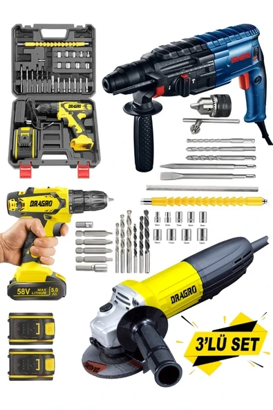 DRAGRO Alman Pro 3 Lü Set 3000 W Taşlama-4200 W Kırıcı Delici Hilti-58 V Setli Şarjlı Matkap ürün görseli 1