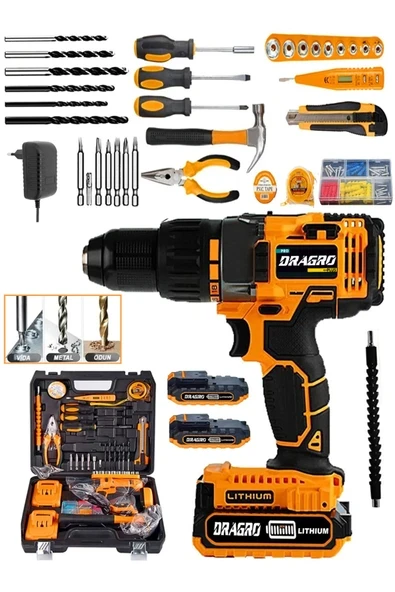 DRAGRO 58v Metal Şanzıman Çift Bakır Sargı Akülü Vidalama Matkap Yardmcı Set ürün görseli 1