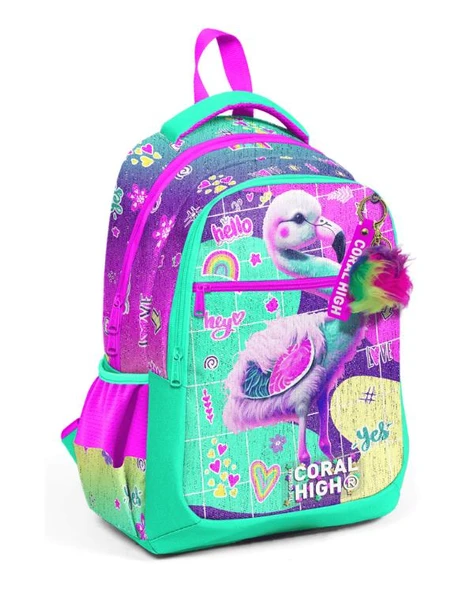 Coral High Pembe Su Yeşili Flamingo Desenli Okul Çantası 23647 ürün görseli 1