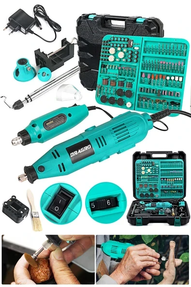 DRAGRO Alman 400 Watt 352 Parça 60.000 Rpm 6 Kademe Devir Ayarlı Hobi Gravür Seti Mini Taşlama Makinesi ürün görseli 1