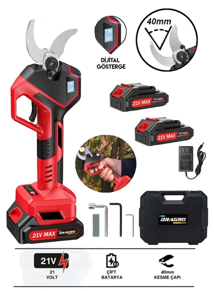 DRAGRO Dr-8614F 42mm LED Ekranlı Profesyonel Akülü Bahçe Budama Makası ürün görseli 1