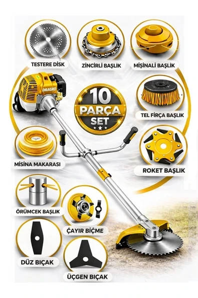 Dragro German DRG-10 + Yan Tipi Benzinli Ot Çalı Çim Biçme Tırpanı + Full Set Hediyeli S ürün görseli 1