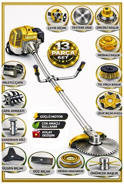 Dragro German DRG-13 + Yan Tipi Benzinli Ot Çalı Çim Biçme Tırpanı + Full Set Hediyeli + Çift Çapa S ürün görseli 1