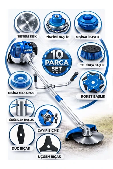 Dragro German DRG-10 + Yan Tipi Benzinli Ot Çalı Çim Biçme Tırpanı + Full Set Hediyeli M ürün görseli 1